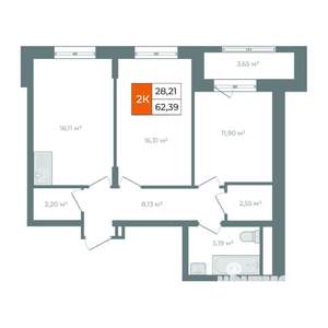 2-к квартира, вторичка, 66м2, 9/14 этаж