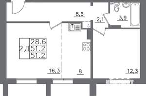 2-к квартира, вторичка, 51м2, 1/9 этаж