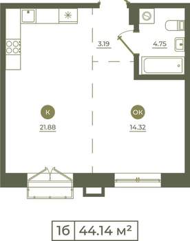1-к квартира, вторичка, 44м2, 5/9 этаж