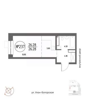 Студия квартира, вторичка, 26м2, 12/19 этаж