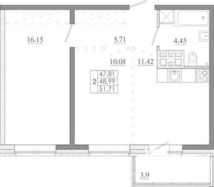 2-к квартира, строящийся дом, 52м2, 13/16 этаж