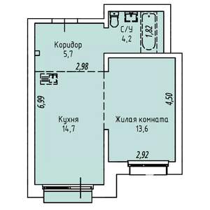 1-к квартира, строящийся дом, 39м2, 12/19 этаж