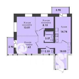 3-к квартира, строящийся дом, 81м2, 17/17 этаж