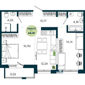 2-к квартира, вторичка, 64м2, 13/19 этаж