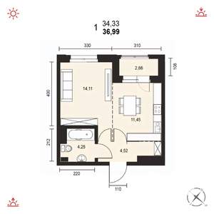 1-к квартира, вторичка, 37м2, 14/14 этаж