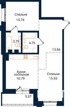 2-к квартира, строящийся дом, 75м2, 18/18 этаж