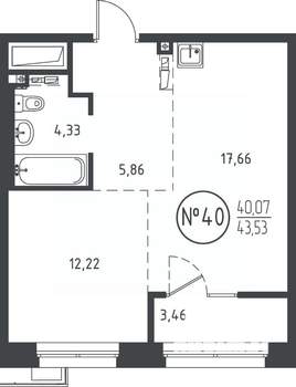 1-к квартира, вторичка, 43м2, 7/10 этаж