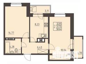 2-к квартира, строящийся дом, 59м2, 13/17 этаж