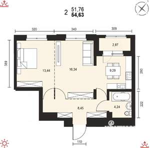 2-к квартира, вторичка, 55м2, 12/14 этаж