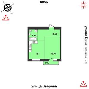 1-к квартира, строящийся дом, 45м2, 7/14 этаж