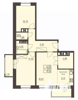 3-к квартира, строящийся дом, 75м2, 17/17 этаж