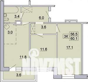 3-к квартира, строящийся дом, 60м2, 6/9 этаж