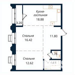 2-к квартира, строящийся дом, 69м2, 5/18 этаж