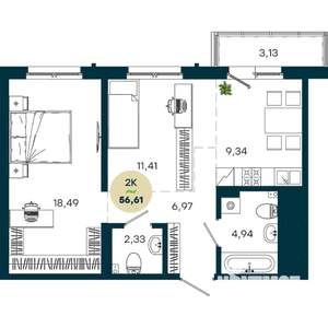 2-к квартира, строящийся дом, 57м2, 4/19 этаж