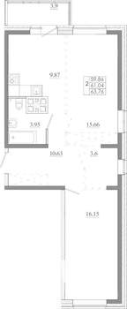 2-к квартира, строящийся дом, 64м2, 15/16 этаж