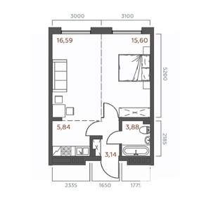 1-к квартира, строящийся дом, 45м2, 15/19 этаж