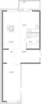 2-к квартира, строящийся дом, 64м2, 3/16 этаж