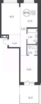 2-к квартира, вторичка, 72м2, 2/10 этаж