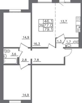 3-к квартира, вторичка, 79м2, 5/9 этаж