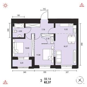 3-к квартира, вторичка, 62м2, 12/14 этаж