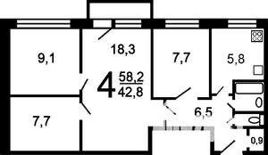 4-к квартира, вторичка, 60м2, 4/5 этаж