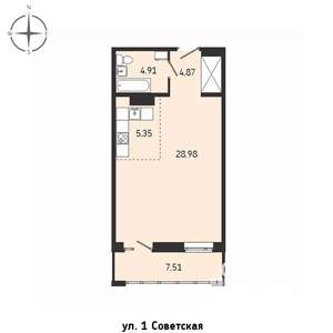 1-к квартира, строящийся дом, 52м2, 14/15 этаж