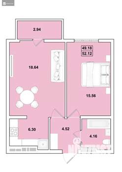 2-к квартира, вторичка, 52м2, 15/16 этаж