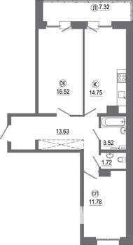 2-к квартира, вторичка, 69м2, 9/16 этаж