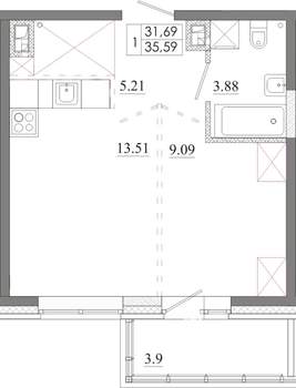 1-к квартира, строящийся дом, 36м2, 7/13 этаж
