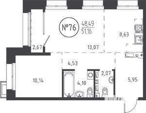 2-к квартира, вторичка, 50м2, 13/19 этаж
