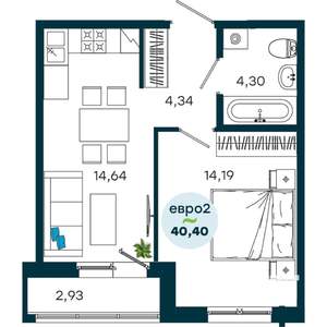 1-к квартира, строящийся дом, 40м2, 6/19 этаж