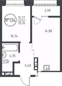 1-к квартира, вторичка, 38м2, 6/10 этаж