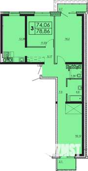 3-к квартира, строящийся дом, 79м2, 15/18 этаж