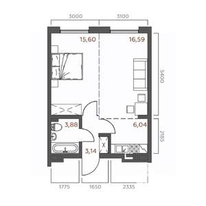 1-к квартира, строящийся дом, 45м2, 16/19 этаж
