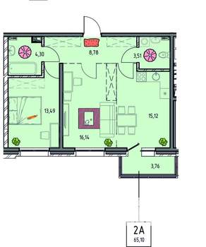 2-к квартира, вторичка, 65м2, 2/14 этаж