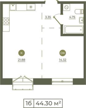 1-к квартира, вторичка, 44м2, 2/9 этаж