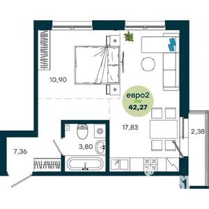 1-к квартира, вторичка, 42м2, 12/19 этаж