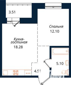 1-к квартира, строящийся дом, 44м2, 18/18 этаж