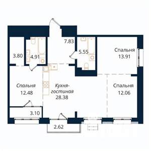 3-к квартира, строящийся дом, 95м2, 15/18 этаж