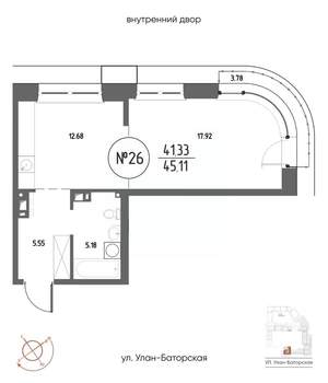 1-к квартира, строящийся дом, 45м2, 5/20 этаж