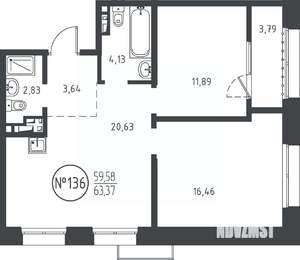 2-к квартира, вторичка, 63м2, 6/10 этаж
