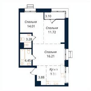 3-к квартира, строящийся дом, 65м2, 2/18 этаж