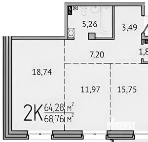 2-к квартира, вторичка, 68м2, 6/9 этаж