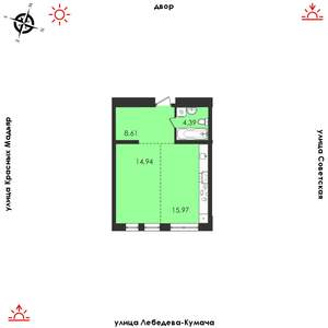 1-к квартира, строящийся дом, 44м2, 2/14 этаж