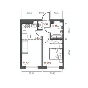 1-к квартира, строящийся дом, 38м2, 2/19 этаж
