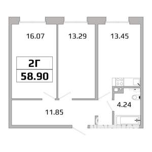 2-к квартира, вторичка, 59м2, 11/16 этаж