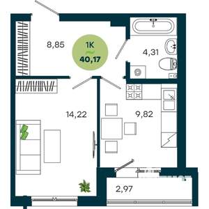 1-к квартира, строящийся дом, 40м2, 6/19 этаж