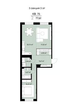 2-к квартира, вторичка, 78м2, 3/9 этаж