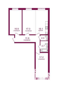 3-к квартира, строящийся дом, 88м2, 1/12 этаж
