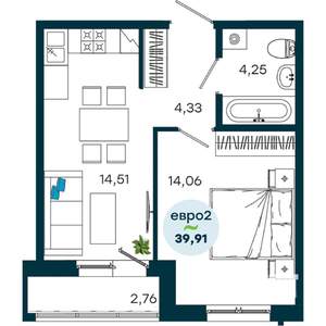 1-к квартира, строящийся дом, 40м2, 4/19 этаж